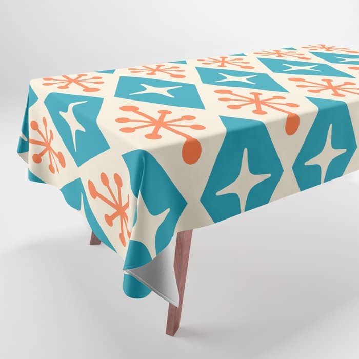 Mid Century Modern Atomic Age Googie Pattern 107 Turquoise And Orange Tablecloth