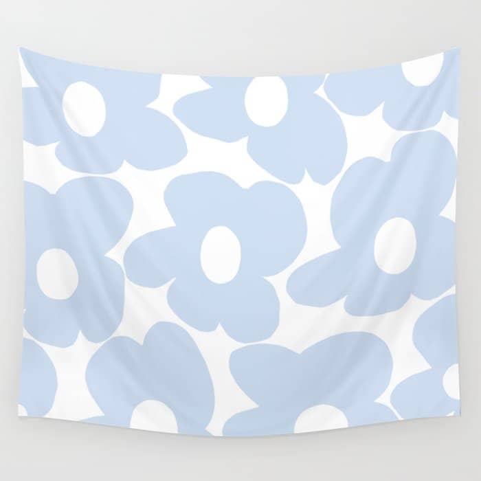 Large Baby Blue Retro Flowers White Background #Decor #Homestorie #Buyart Wall Tapestry