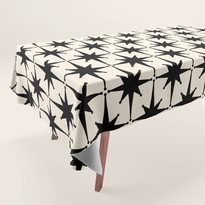 Midcentury Modern Atomic Age Starburst Pattern In Black And Almond Cream Tablecloth