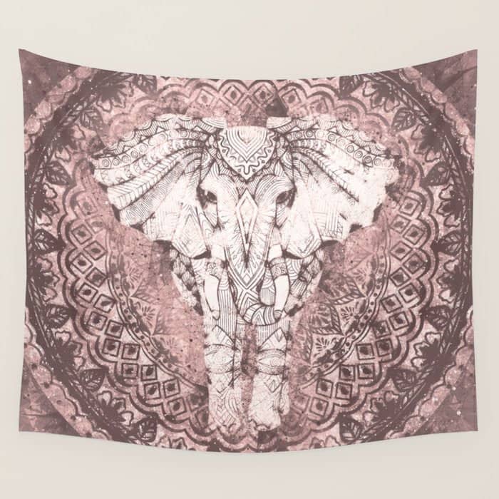 Bohemian, Elephant, Mandala, Blush, Moon Wall Tapestry