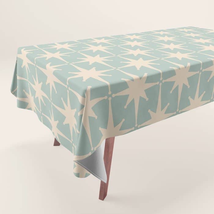 Atomic Age Retro 1950s Starburst Pattern In 50s Celadon Blue Green And Cream Tablecloth
