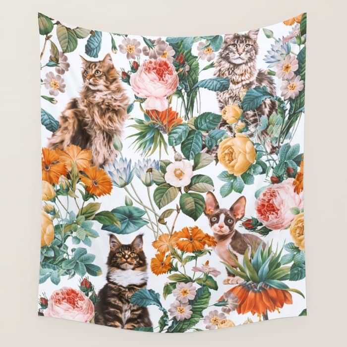 Cat And Floral Pattern Iii Wall Tapestry