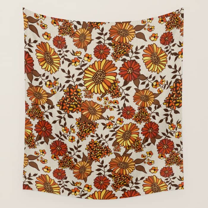 Retro 70s Boho Hippie Orange Flower Power Wall Tapestry
