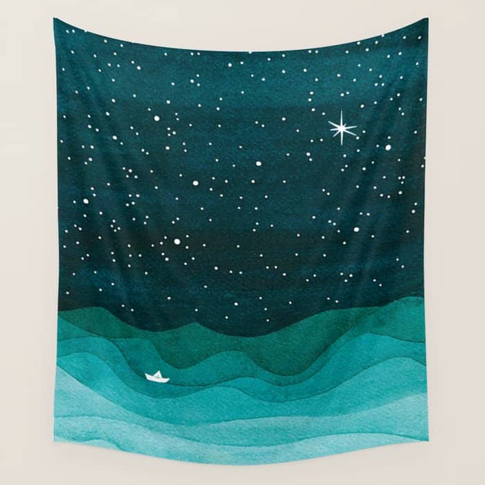 Starry Ocean, Teal Sailboat Watercolor Sea Waves Night Wall Tapestry