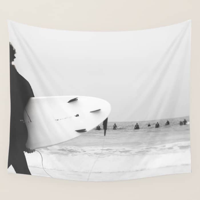 Catch A Wave - Abstract Surf Board Photography - Black And White Surfer - Ocean Sea Travel Photo Wall Tapestry