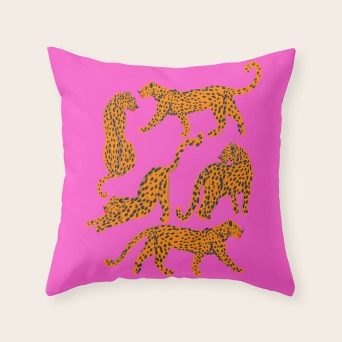 Abstract Leopard With Red Lips Illustration In Fuchsia Background  Throw Pillow
