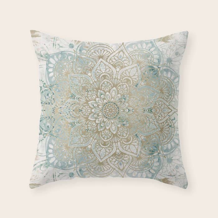 Mandala Flower, Teal And Gold, Floral Prints Throw Pillow