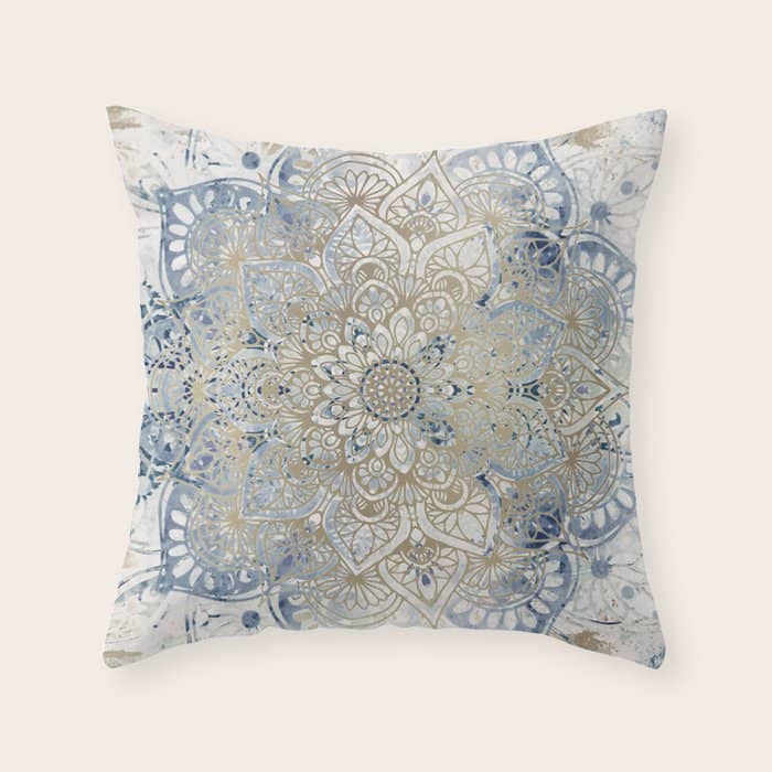 Mandala Flower, Blue And Gold, Floral Prints Throw Pillow