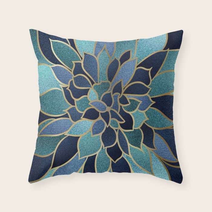 Festive, Floral Prints, Navy Blue, Teal And Gold Throw Pillow