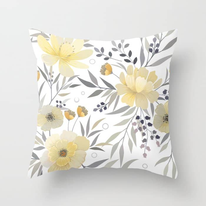 Modern, Floral Prints, Yellow, Gray And White Throw Pillow