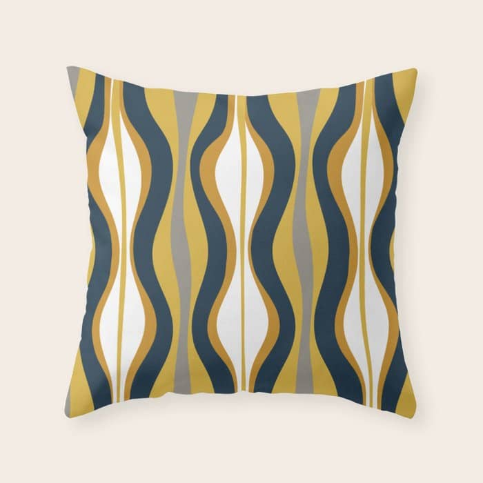Hourglass Abstract Mid Century Modern Retro Pattern In Mustard Yellow, Navy Blue, Grey, And White Throw Pillow