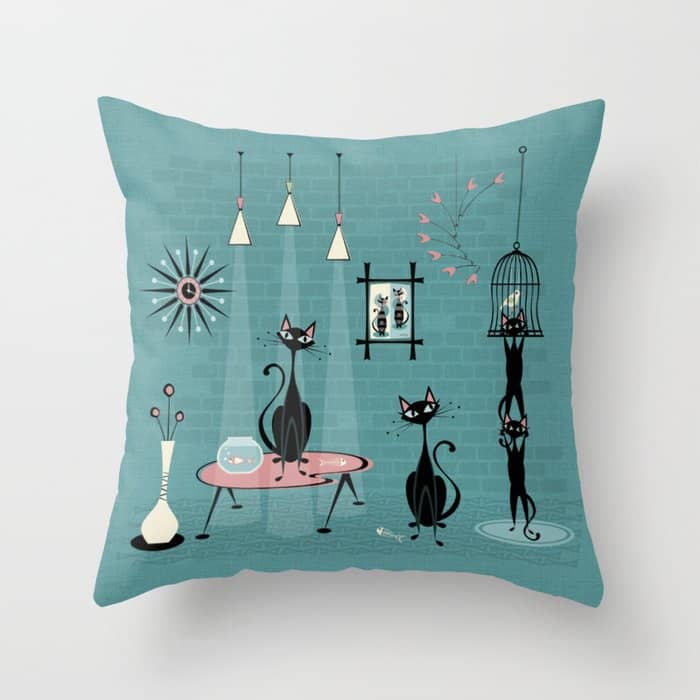 Mid Century Kitty Mischief - ©Studioxtine Throw Pillow