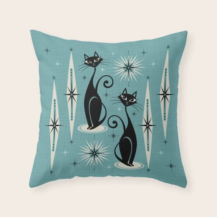 Mid Century Meow Retro Atomic Cats On Blue Throw Pillow