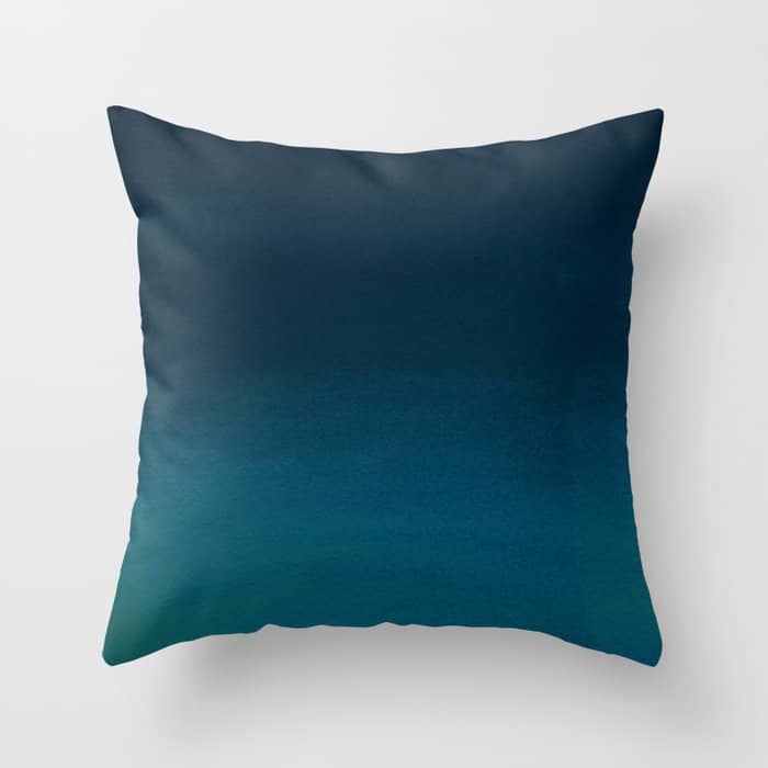 Navy Blue Teal Hand Painted Watercolor Paint Ombre Throw Pillow
