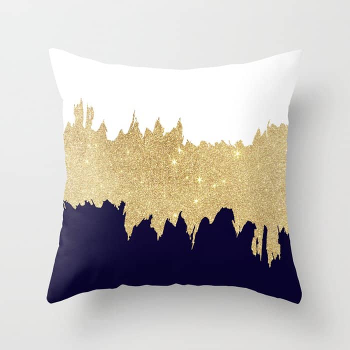 Modern Navy Blue White Faux Gold Glitter Brushstrokes Throw Pillow
