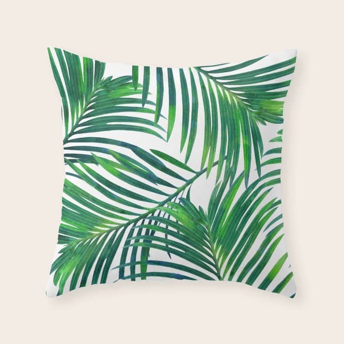 Palm Paradise, Tropical Leaves, Beachy Watercolor Painting, Minimal Nature Botanical Illustration Throw Pillow
