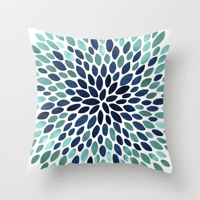 Flower Bloom, Aqua And Navy Throw Pillow