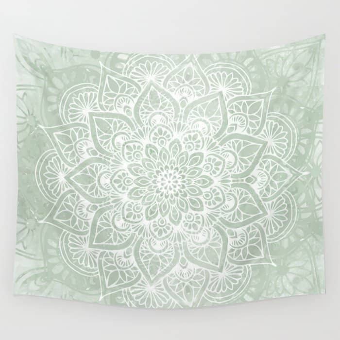 Mandala, Yoga Love, Sage Green, Boho Print Wall Tapestry