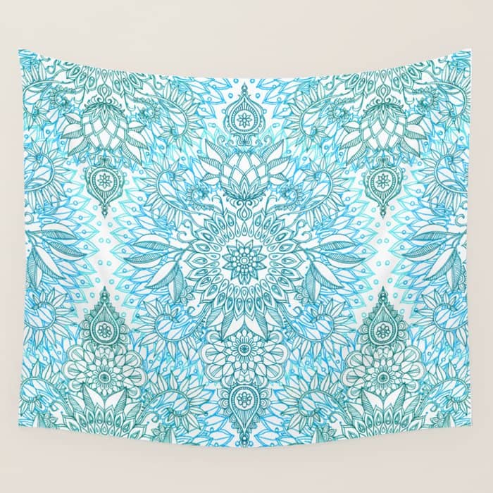 Turquoise Blue, Teal & White Protea Doodle Pattern Wall Tapestry