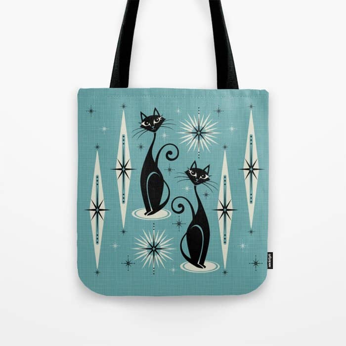 Mid Century Meow Retro Atomic Cats On Blue Tote Bag