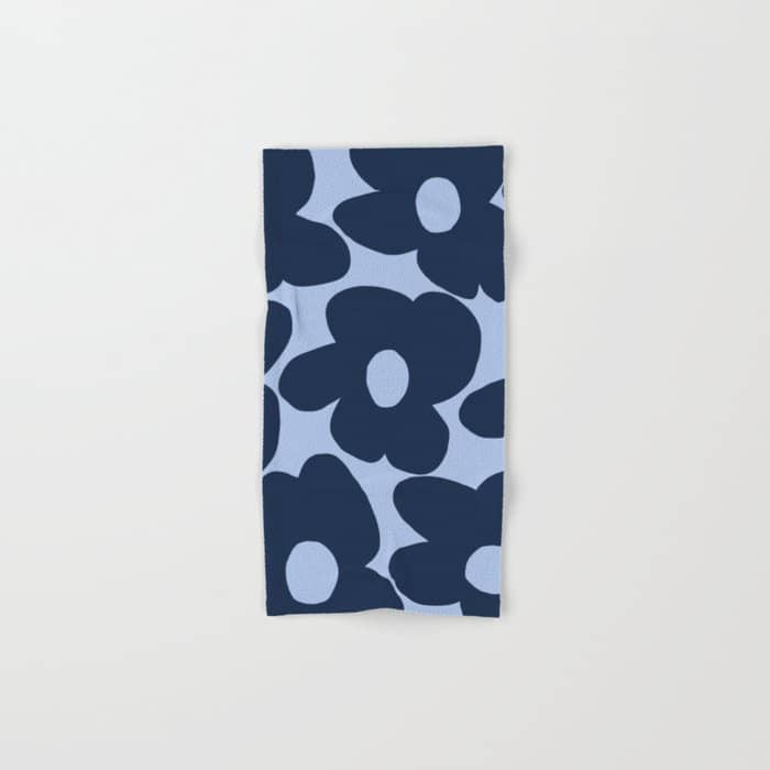 Large Dark Blue Retro Flowers Baby Blue Background #Decor #Homestorie #Buyart Bath Towel