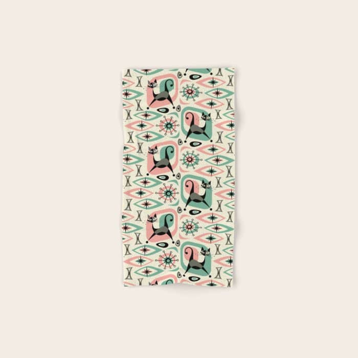Mid Century Cat Abstract - Pink Aqua Bath Towel