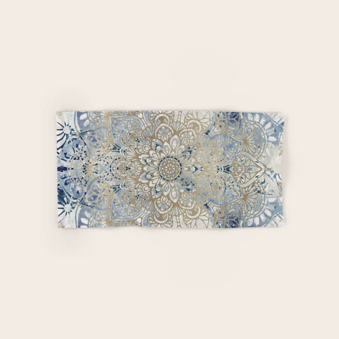 Mandala Flower, Blue And Gold, Floral Prints Bath Towel