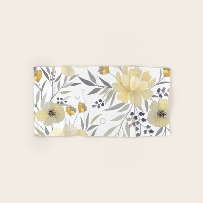 Modern, Floral Prints, Yellow, Gray And White Bath Towel
