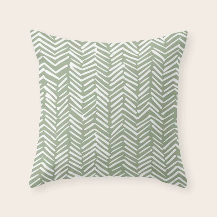 Boho, Abstract, Herringbone Pattern, Sage Green And White Throw Pillow