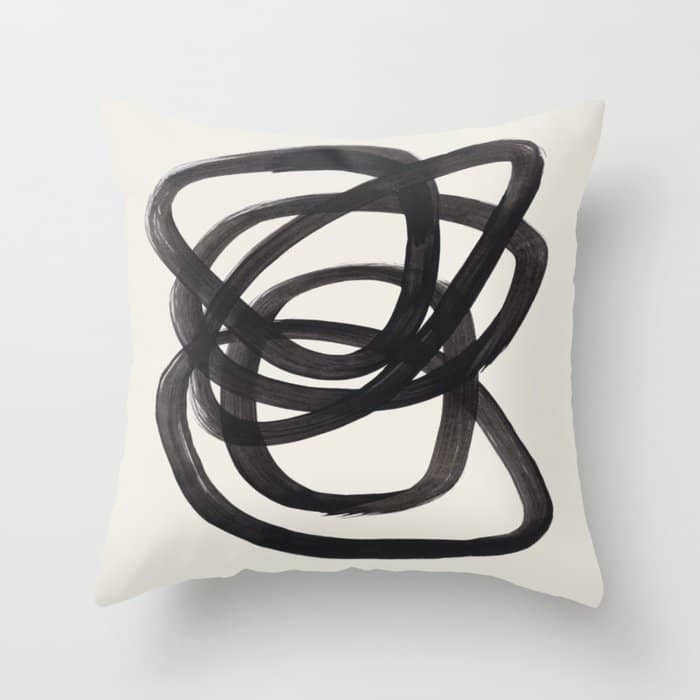 Mid Century Modern Minimalist Abstract Art Brush Strokes Black & White Ink Art Spiral Circles Throw Pillow