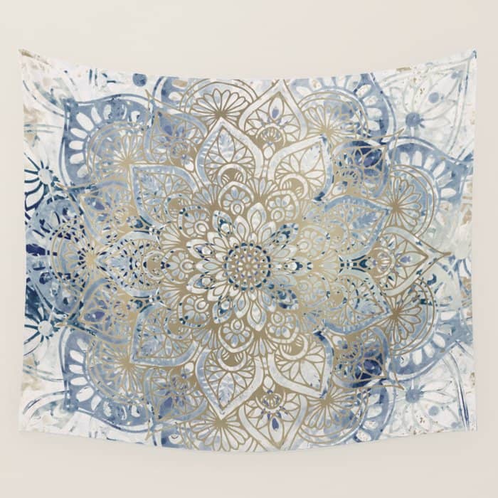 Yoga, Mandala, Blue And Gold Wall Tapestry