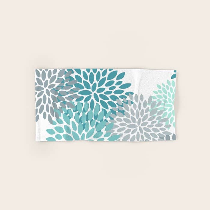 Floral Pattern, Aqua, Teal, Turquoise And Gray Bath Towel