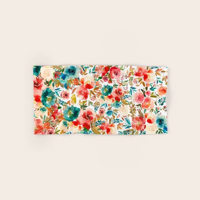 Red Turquoise Teal Floral Watercolor Bath Towel