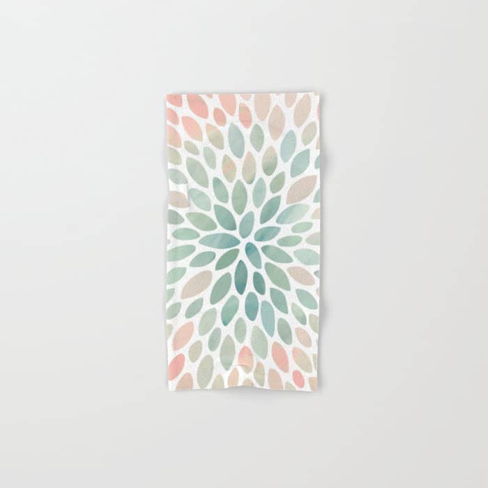 Floral Bloom, Abstract Watercolor, Coral, Peach, Green, Floral Prints Bath Towel