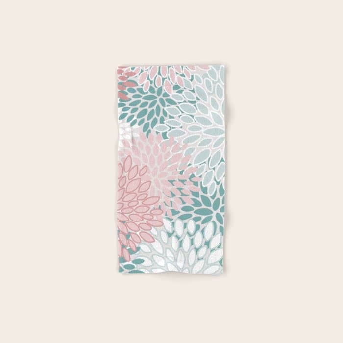 Floral Bloom, Teal, Green, Pink And White Bath Towel