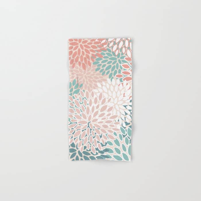 Festive, Floral Prints, Teal, Peach, Coral Bath Towel