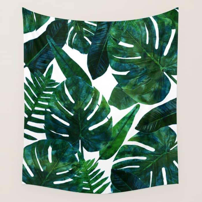 Tropical Nature Monstera Watercolor Painting, Botanical Jungle Dark Palm Illustration Wall Tapestry