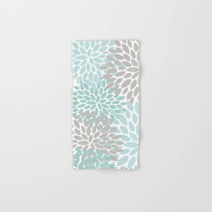 Floral Pattern, Teal, Aqua, Turquoise,Gray Bath Towel