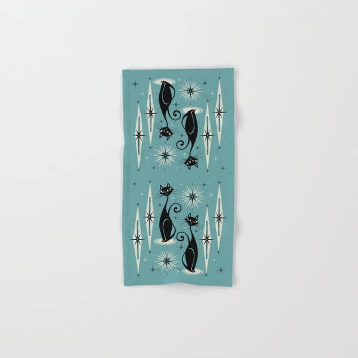 Mid Century Meow Retro Atomic Cats On Blue Bath Towel