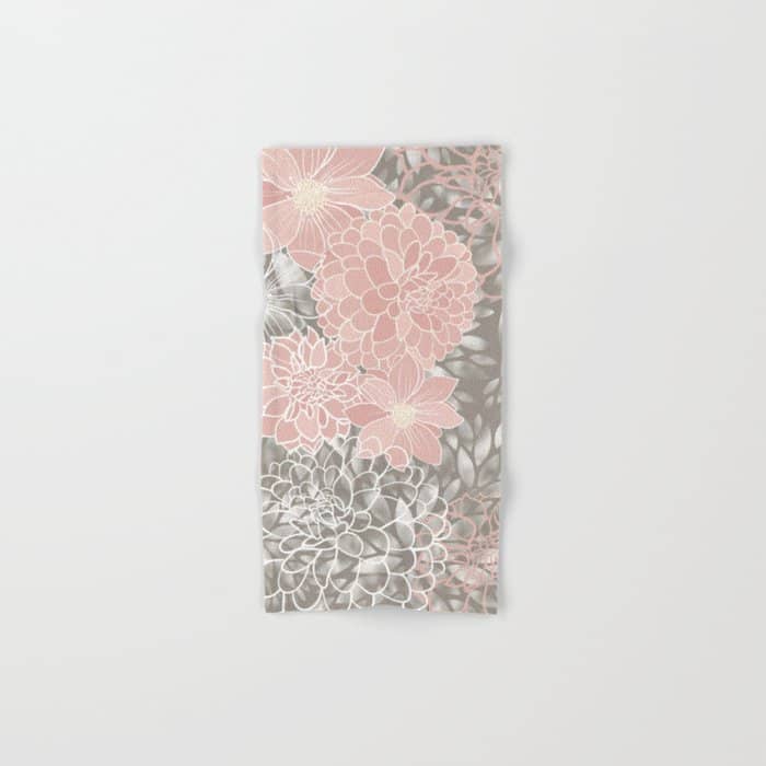 Floral Dahlias, Blush Pink, Gray, White Bath Towel