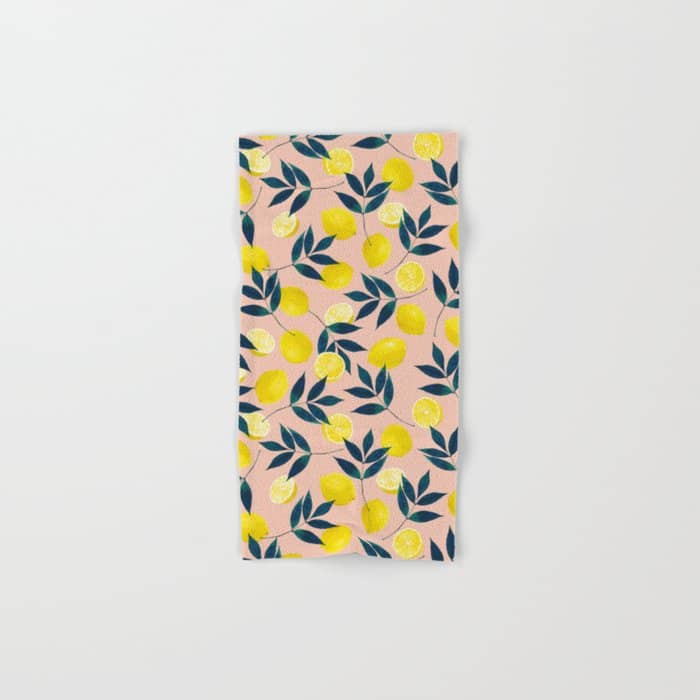 Lemon Goodness, Botanical Nature Forest Illustration, Bohemian Blush Colorful Painting Bath Towel