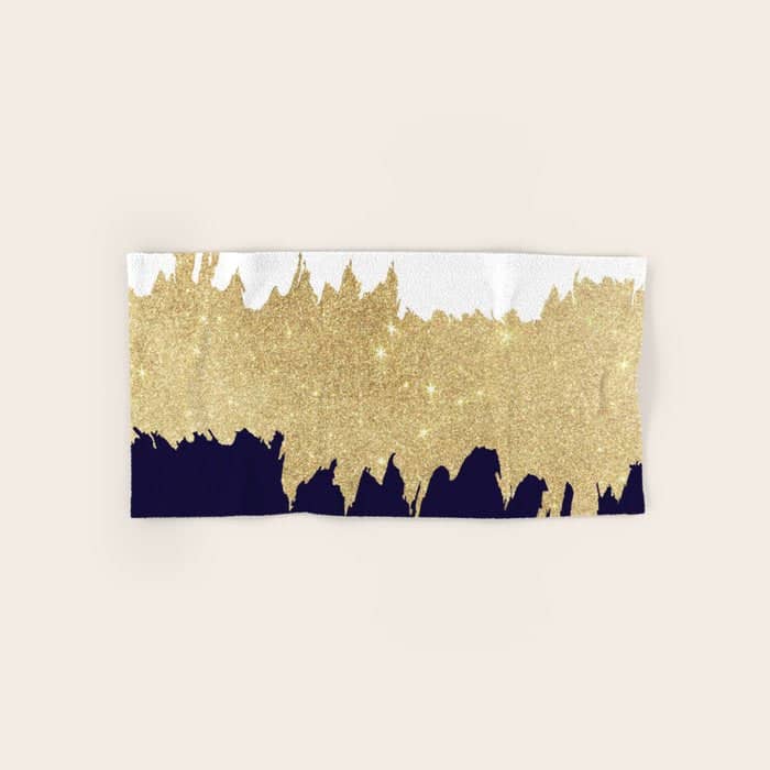 Modern Navy Blue White Faux Gold Glitter Brushstrokes Bath Towel