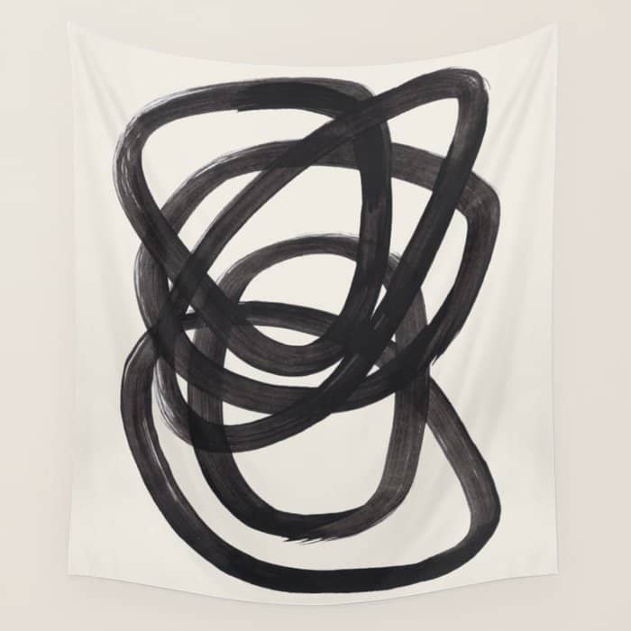 Mid Century Modern Minimalist Abstract Art Brush Strokes Black & White Ink Art Spiral Circles Wall Tapestry