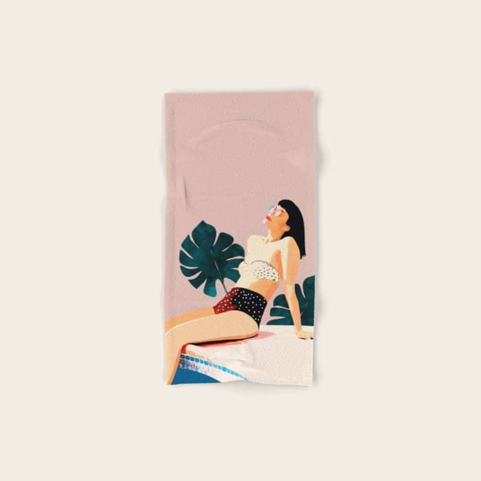 Sunday, Summer Swim Poolside Fashion, Bohemian Woman Sunbath Tan Bikini Monstera Tropical Travel Bath Towel