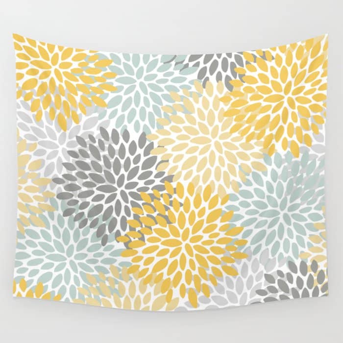 Floral Pattern, Yellow, Pale, Aqua And Gray Wall Tapestry