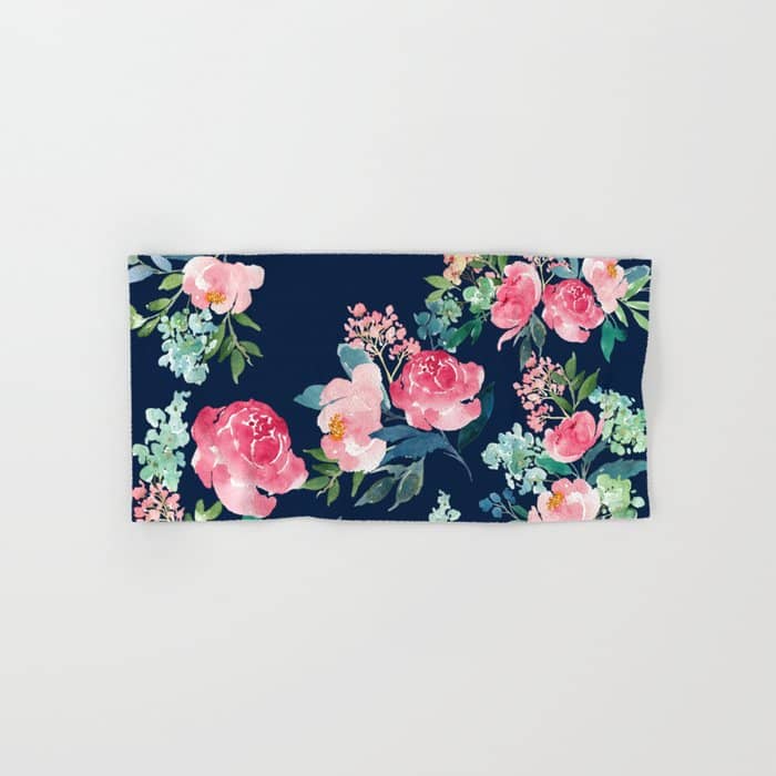 Navy And Pink Watercolor Peony Bath Towel