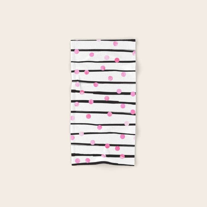 Blush Pink Black Watercolor Modern Stripes Polka Dots Bath Towel