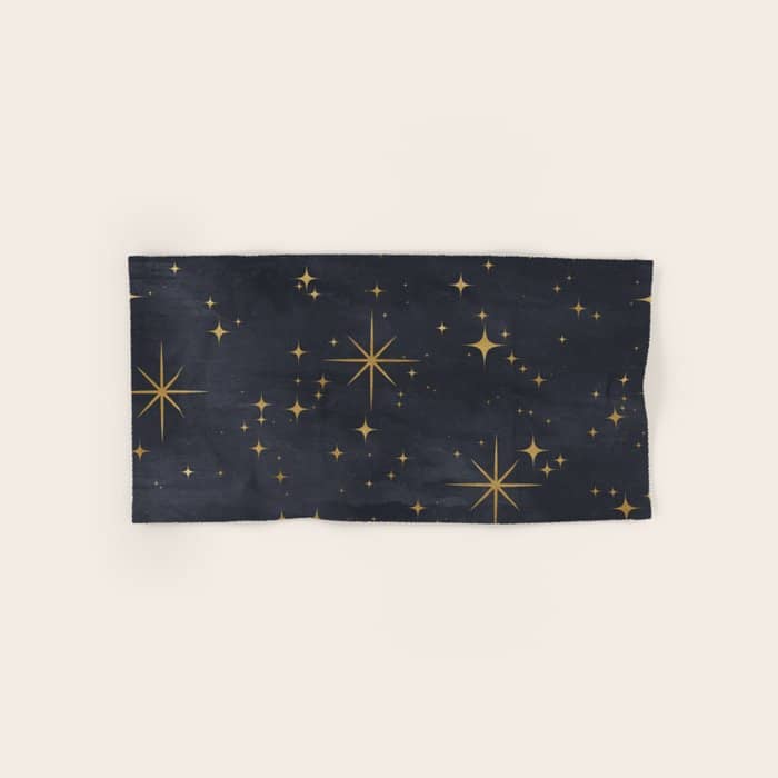 Gold Stars Black Ink Night Sky Magical Mid Century Pattern Bath Towel