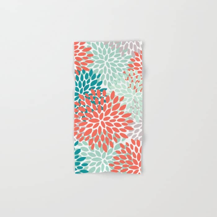 Floral Pattern, Orange, Teal, Mint Green, Flower Print Bath Towel