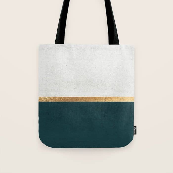 Deep Green, Gold And White Color Block Tote Bag